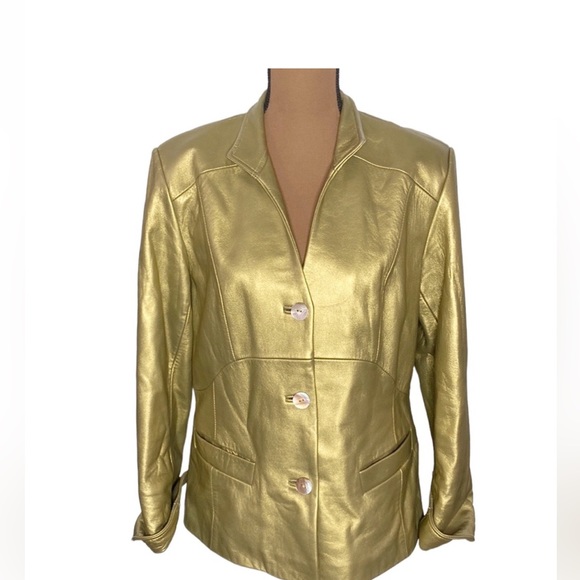 Terry Lewis Classic Luxuries antique gold leather blazer coat size M - Picture 1 of 4